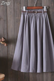 Women Preppy Style Summer Skirt Casual A-line Solid With Belt Mid-length Fashion Elegant Chic Girls Midi Skirts
