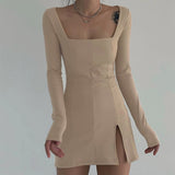 Split Side Solid Bodycon Mini Dress Women Square Collar Ribbed Casual Short Dresses Ladies Long Sleeve Korean