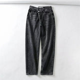 Summer New Fashion Light Blue Women Asymmetric Fly Jeans With Button Closure Split Waist Straight Leg Jeans Plus Size