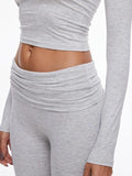 Long Sleeve Cropped Top Fold-over Flare Pants Set-Outfit