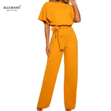 Casual Short Sleeve Solid Color Playsuit Round Neck High Waist Elegant Lace-up Jumpsuit Romper 2020 top Women's