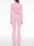 Long Sleeve Cropped Top Fold-over Flare Pants Set-Outfit