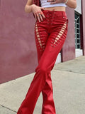 Cut-out Lace Up Pu Leather Pants-Outfit