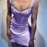 Satin Fish Bone Ruched Mini Dress Women Robe Summer New Spaghetti Strap Sleeveless Backless Bodycon Club Party