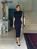 Black Split Sleeveless Shoulder Pads Bodycon Dress Women Zipper Sleeveless Slim Midi Dresses 2024 Elegant Female Party