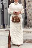 Thicken Turtleneck Sweater Maxi Dress Women Lace Up Knitted Long Dress Female Knitwear Soft Vestidos 2023 High
