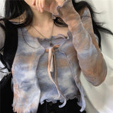 Tie Dye T Shirts Women Fashion O Neck Long Sleeve Female Tops Summer 2021 New Casual Lace Up Ladies Tees+camis