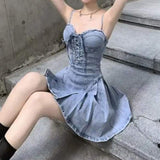 Summer Nightclub Fashion Sexy Denim Bandage Pleated Mini Strap Dress Women Sleeveless Party Dresses Vestidos Fiesta