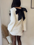 Women Rose Red Sequin Short Dress Fashion Long Sleeve Back Hollow Out Bowknot Dresses 2023 New Year Christmas Evening