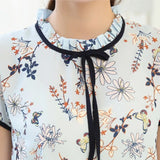 Summer Floral Print Chiffon Blouse Ruffled Collar Bow Neck Shirt Petal Short Sleeve Chiffon Tops Plus Size Blusas