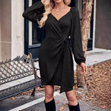 Trend Autumn And Winter New Trend Solid Color V Collar Slim Lady Tied Waist