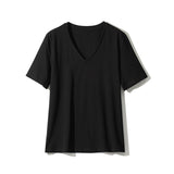 2022 Summer Casual Solid V-Neck T-shirt Women Knitted Cotton Basic Short Sleeve Tops Female Soft White Tee Shirt