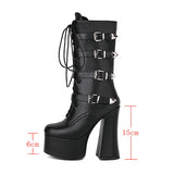 Super High Heel Women Boots Fashion Patetnt Leather Mid Calf Boots Metal Belt Buckle Motorcycle Boots Autumn Winter