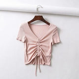 V Neck Cropped Tank Tops Women Drawstring Tie Up Front Camis Candy Colors Streetwear Slim Fit Ribbed Crop Top
