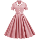 Retro Vintage Swing Casual Summer Dress Button Front Turn Down Collar Plaid Print 1950s Pinup Rockabilly Dresses with
