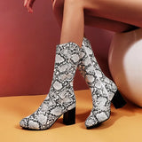 Size Women's Shoes 44 45 Fashion Zipper Snake Print Women Mid Calf Boots LadiesThick High Heel Autumn Winter Short
