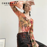 Cyber Y2k Printed Bodysuit Bodycon Long Sleeve Top Sexy Costumes Women Spandex Sheer Bodysuit Fashion Tops Fall
