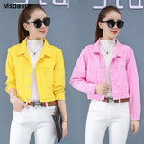 Jackets Coats For Women Autumn Female Long Sleeve New Short Jacket Pink Yellow Pockets Casual Lady Denim Coat