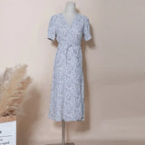 Summer Short Sleeve A-line Midi Dress Floral Printing Lace Up Belt Shirt Dress Woman Chic vestido