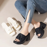 Large-Size Square Head High-Heeled Slippers Women Thick Bottom Waterproof Table Folds Coarse And Cold