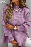 Winter Women Knitted Sweater Mock Neck Casual Loose Basic Pullovers Warm Elegant Solid Batwing Sleeve Side Split
