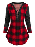 Sleeve Plaid Print Lace-up T-shirt Women Plaid Sweater Shirt Cowl Neck Form Fitting Casual Tunic Top Blouse