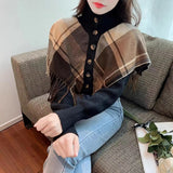 Zingj New Turtleneck Knit Sweater Korean Version Design Sense Plaid Tassel Shawl Fake Two Knit Cardigans-Outfit