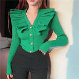V Neck Sweater Cardigan Women Full Sleeve High Stretch Knit Sweaters Shirts For Slim Girls Autumn