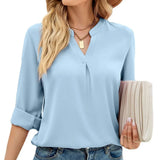 Zingj Women's Autumn And Winter New Solid Color Chiffon Shirt Loose V Collar Long-Sleeved Shirt-Outfit