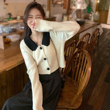 For Women Elegant Lace Beading Sweater Crop Tops Streetwear Casual Outwear Korean Long Sleeve Knitted