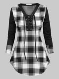 Sleeve Plaid Print Lace-up T-shirt Women Plaid Sweater Shirt Cowl Neck Form Fitting Casual Tunic Top Blouse