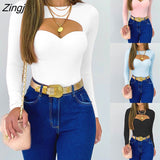 Autumn Women Sexy Solid Cutout Front Long Sleeve Skinny Corset Tight Top Womens Blouse Sexy Fashion Ladies Tops 2023