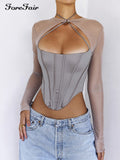 2022 Y2k Corset Crop Top Women Hollow Out Mesh Patchwork Long Sleeve Tee Sexy Bandage Summer T Shirts Casual