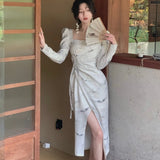 New Women Elegant Retro Midi Dress Long Sleeve Party Vestidos One Piece Drawstring Spring Clothes