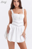 2023 Summer Sweet Lace Trim A Line Dress White Women Holiday Garden Party Dresses Elegant Square Neck Dress
