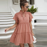 V-neck Lace Up Chiffon Summer Dress For Women Casual Butterfly Sleeve Loose A-line Mini Dresses Femme Holiday Party