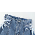 Jeans Shorts Vintage Fashion Y2K Harajuku Streetwear Baggy High Waist Strappy Cross Summer Hot A-line Denim Short