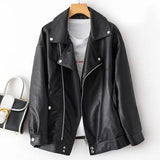 New Spring Women Loose Pu Faux Leather Jacket with Belt Streetwear Moto Biker Black Coat BF Style Oversized