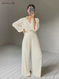 Beige Pleated Wide Leg Pants Womens Pants Fashion 2022 Casual Loose Trousers Office Lady Elegant Long Palazzo