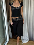 Black Polka Dot Patchwork Top And Midi Skirt Set- Outfit