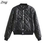 Women Fashion Stand Collar Patchwork PU Leather Short Jacket Coat Female Breasted Cotton Pad Outerwear Chic Tops