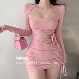 sexy low chest Strapless drawstring lace show thin cardigan full sleeve tops + hgih waist sexy mini dress set
