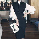 Women 2 Piece Set Dress New 2020 Summer White Ruffles Stand Collar Blouse Top + Gray Sleeveless Notched Collar Pencil Skirt