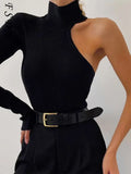2021 One Shoulder Black Bodysuit Sexy Bodycon Women Y2K 2021 Autumn Winter Long Sleeve Body Tops Hollow Out