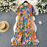 Zingj Dress Women's 2024 Summer Dress New Loose Leisure Fashion Print Medium-Long Bubble Sleeve Holiday