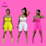 Color Women 2 Piece Set Off Shoulder Sleeveless Crop Top High Waist Bandage Biker Shorts 2022 Summer New Workout