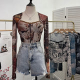 Quality Explosion Fang Lace Splicing Tie-Dye Mesh Long Sleeve Tight Babes With Chest Pads Short Top
