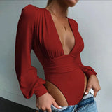 Autumn Winter Rompers Women Jumpsuits Sexy Club V Neck High Waist Solid Bodycon Regular Long Sleeve Female Bodysuits