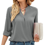 Zingj Women's Autumn And Winter New Solid Color Chiffon Shirt Loose V Collar Long-Sleeved Shirt-Outfit