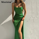 Satin Spaghetti Strap Backless Maxi Dress For Women Sleeveless Side Slit Long Dresses Ladies Sexy Night Club